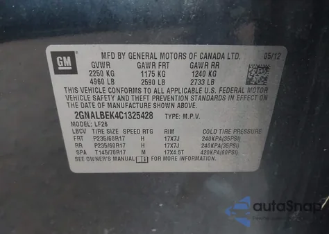 2012 Chevrolet Equinox Ls z USA, uszkodzony, nr VIN 2GNALBEK4C1325428